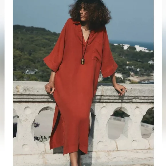 Zara Zw Collection 100% Linen Rust Red Oversized Tunic Dress - Picture 3 of 11